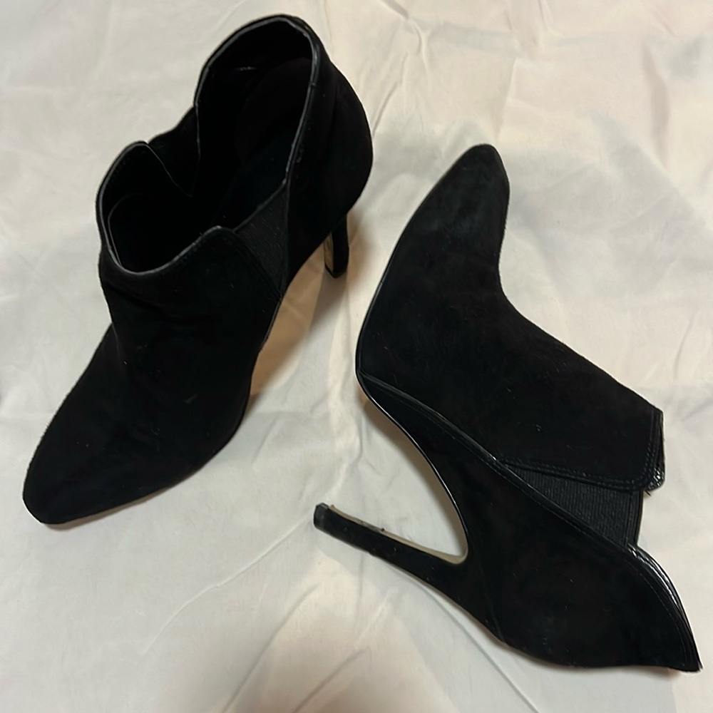 Audrey Brooke black multi suede half boot with 4” heel.